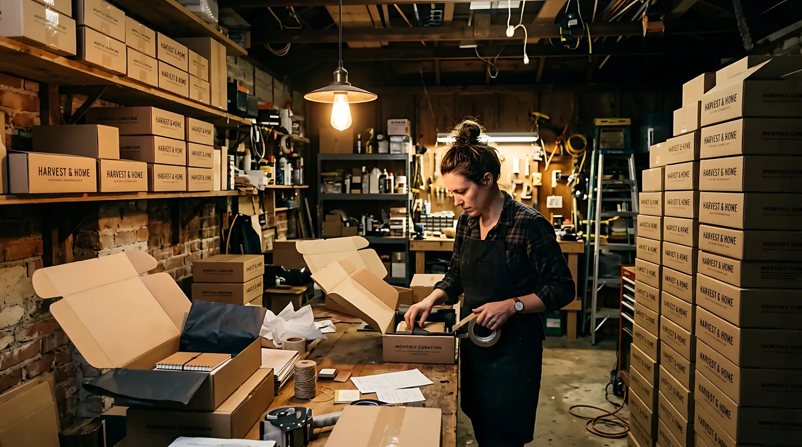 A small business owner packing customer orders in a warmly lit workshop